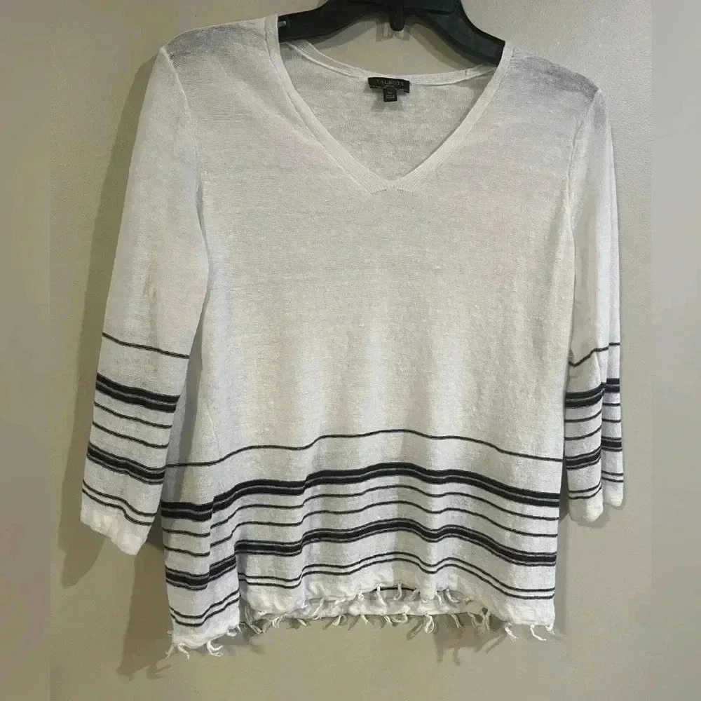 ❤️2/$50❤️[SP]Talbots Linen Thin Knit Frayed Hem  3/4 Sleeve V Neck Blouse
